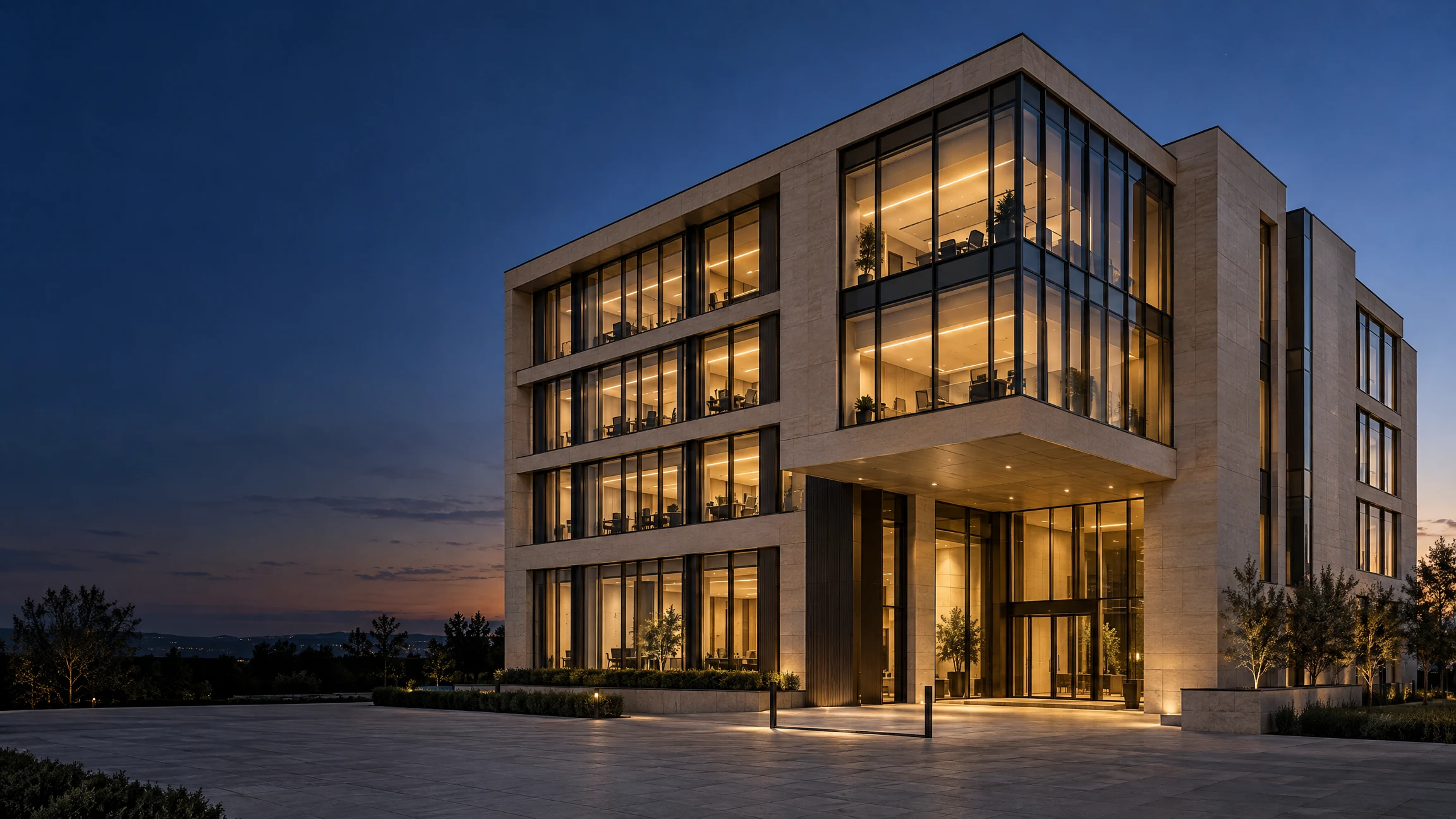 Architectural concept of a modern commercial building with warm limestone and illuminated glass façades